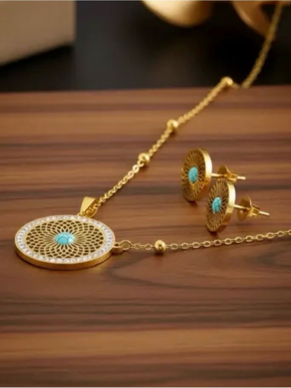 Gold Turquoise Pendant Necklace and Stud Earrings Set - Picture 3 of 4